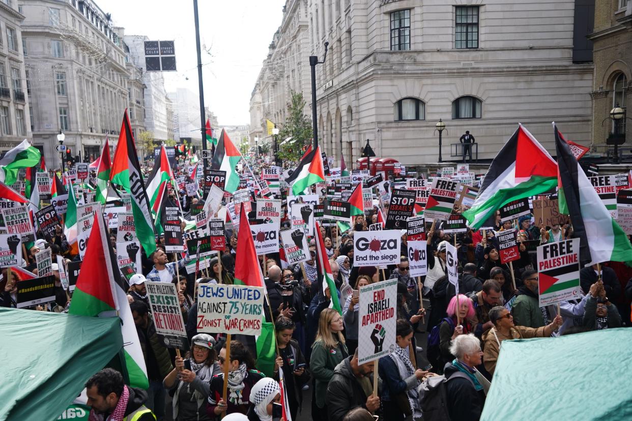 Protesters gather in London for a pro-Palestine rally. One placard reads ‘Jews united against 75 years of Zionist war crimes' (PA)