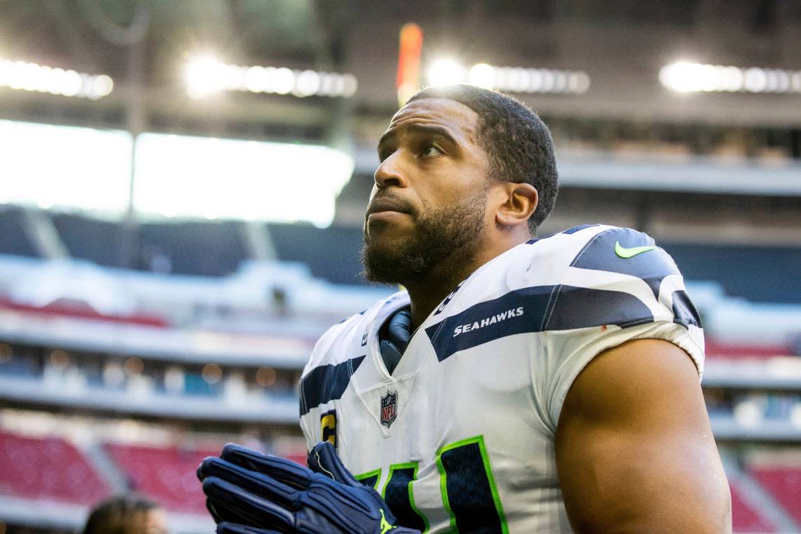 Linebacker (54) Bobby Wagner of the Seattle Seahawks walks off the field after defeating the Houston Texans 33-13 in an NFL football game, Sunday, Dec. 12, 2021, in Houston, TX. (AP Photo/Jeff Lewis) Jeff Lewis/AP