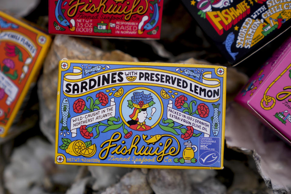 Sardines with preserved lemon are pictured with other products from Fishwife, a Los Angeles-based tinned fish company, Friday, Oct. 13, 2023, in Bay Center, Wash. (AP Photo/Lindsey Wasson)