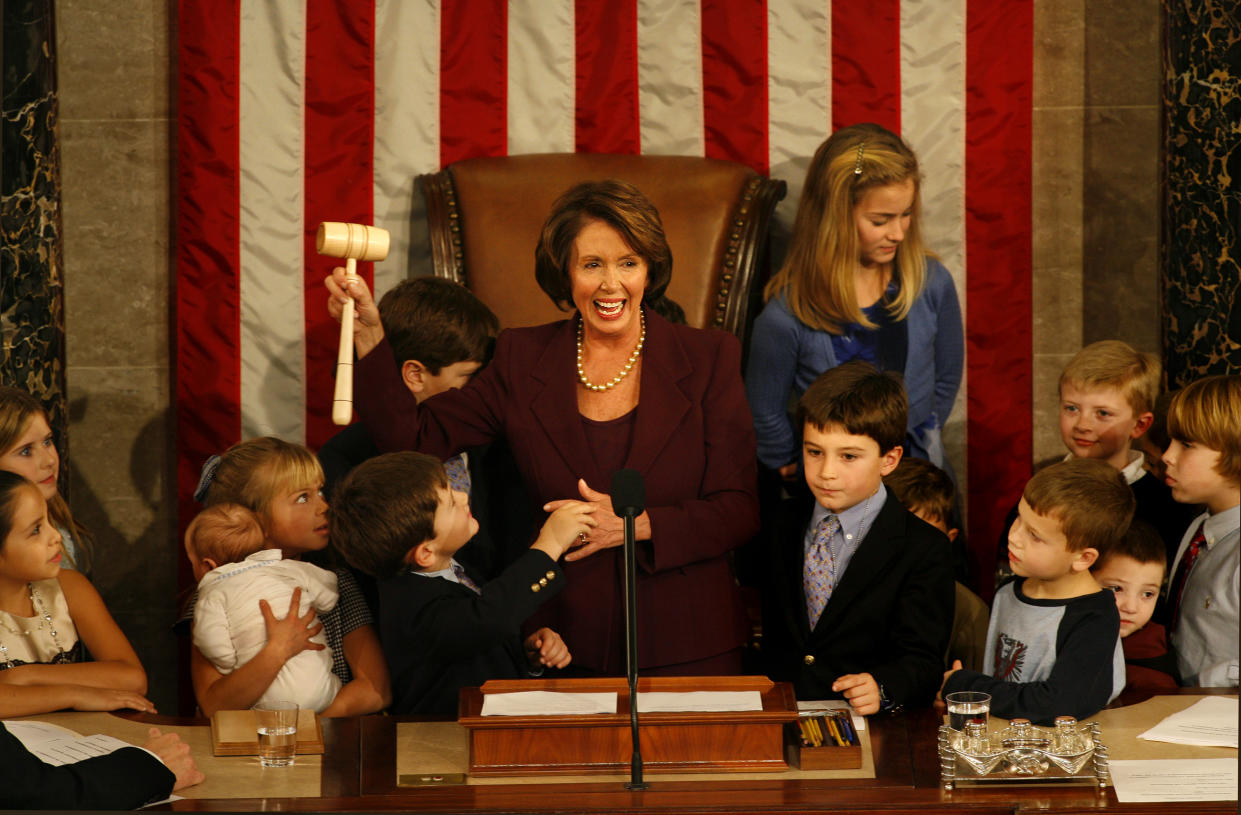 WASHINGTON D.C. – Congresswoman Nancy Pelosi becomes the first woman Speaker of the House in the opening day of the 110th House of Representatives. Children and grandchildren of House members join her in celebrating the historic day.  (Photo by Carolyn Cole/Los Angeles Times via Getty Images)