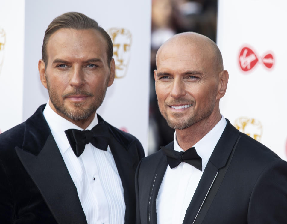 LONDON, UNITED KINGDOM - 2019/05/12: Matt Goss and Luke Goss are seen on the red carpet during the Virgin Media British Academy Television Awards at The Royal Festival Hall in London. (Photo by Gary Mitchell/SOPA Images/LightRocket via Getty Images)