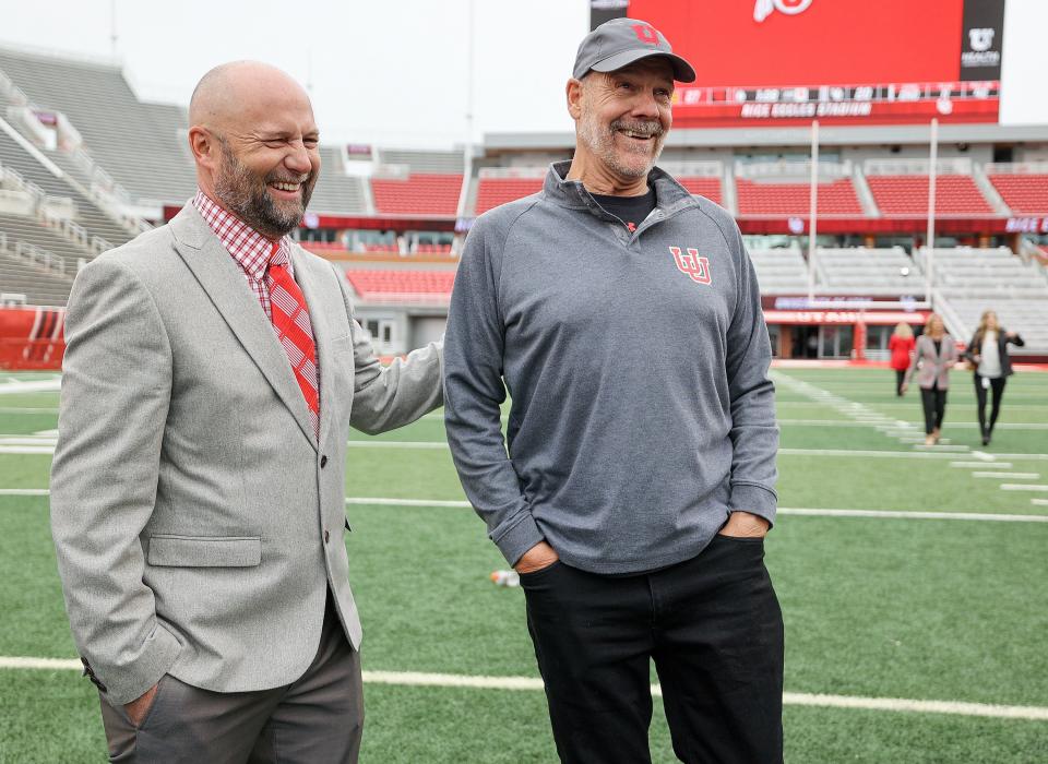 Crimson Collective founder Matt Garff and Crimson Collective board member Charlie Monfort talk to members of the media at the Crimson Collective launch event at the Rice-Eccles Stadium in Salt Lake City on Friday, April 21, 2023. The Crimson Collective is an independent NIL organization and the exclusive NIL collective for Utah football. | Kristin Murphy, Deseret News