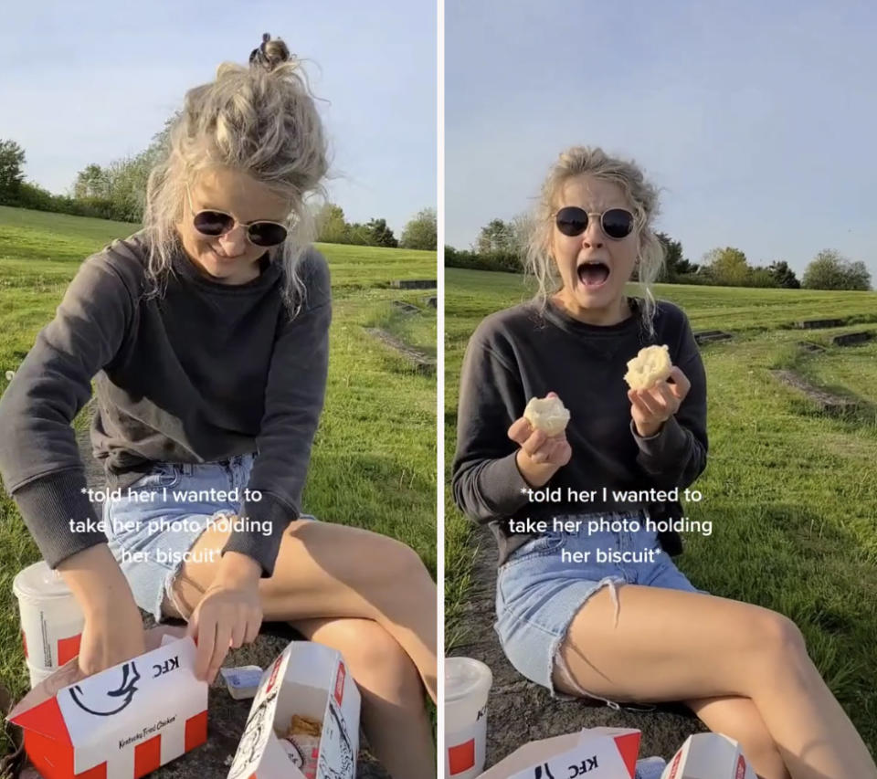 A woman has had the best reaction to her boyfriend's proposal that was done using a KFC biscuit. Photo: TikTok/higbogg