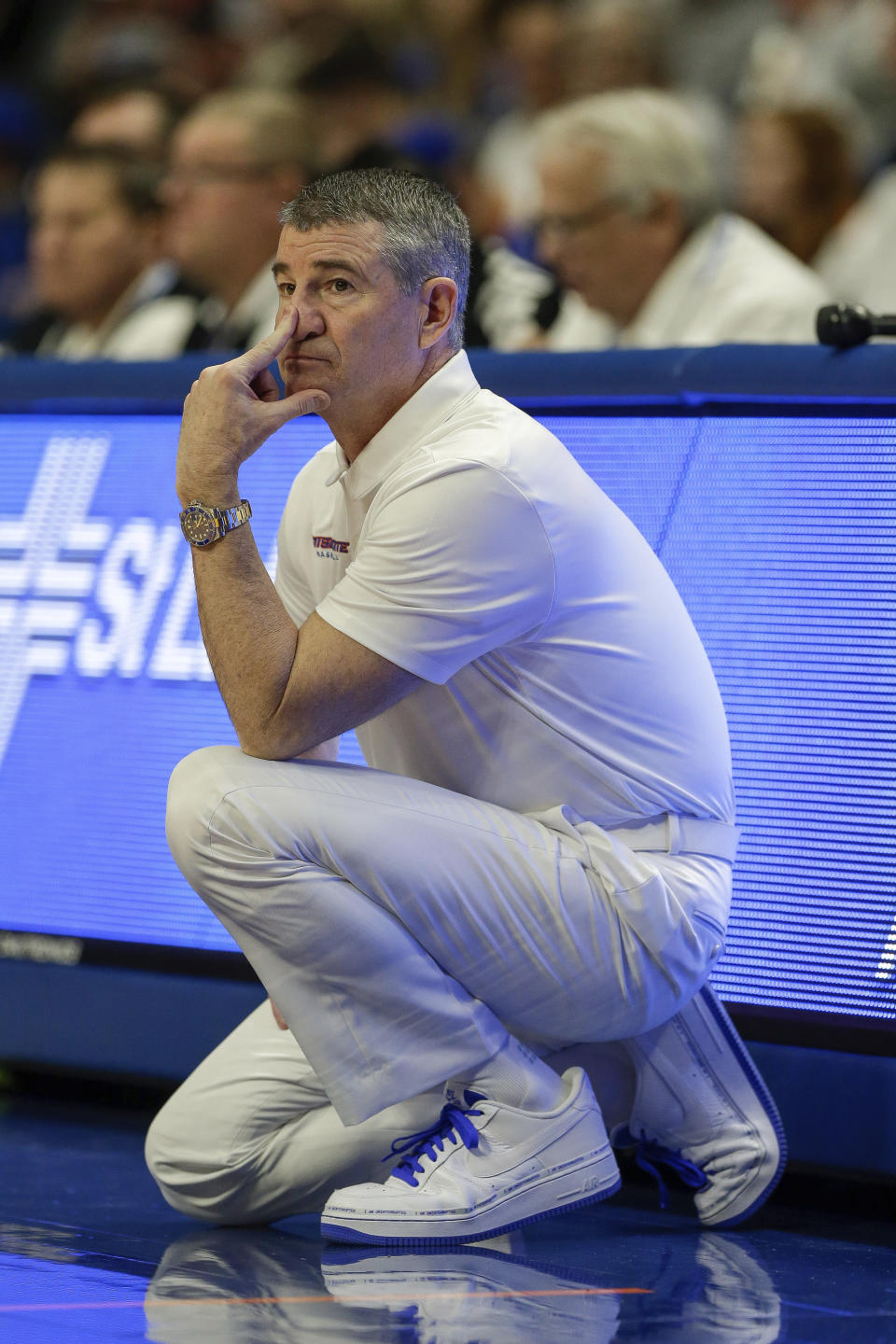 Boise State coach Leon Rice watches from the sideline during the second half of the team's NCAA college basketball game against San Diego State, Sunday, Feb. 16, 2020, in Boise, Idaho. San Diego State won 72-55. (AP Photo/Steve Conner)