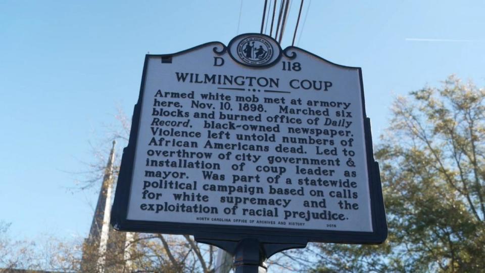 PHOTO: A sign in Wilmington, North Carolina acknowledges the violent 1898 coup by white supremacists. (ABC News)