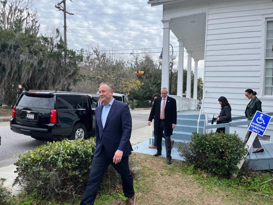 Doug Emhoff, the husband of Vice President Kamala Harris, leaves Old Grace Chapel A.M.E. Church in Beaufort following a campaign stop.