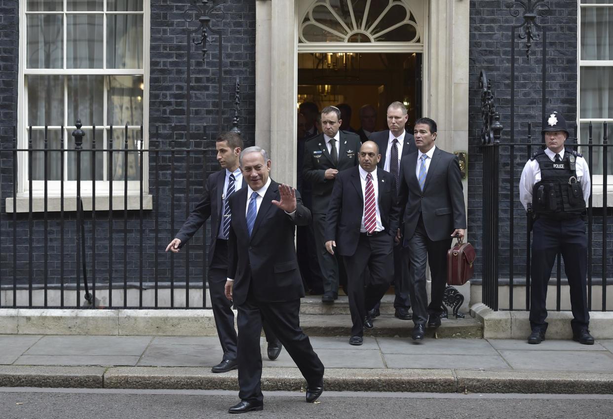 Israeli Prime Minister Benjamin Netanyahu leaves 10 Downing Street after a meeting with British Prime Minister David Cameron in 2015: AFP/Getty Images