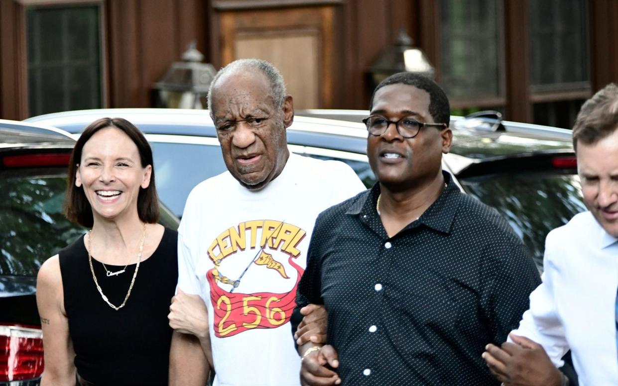 US actor Bill Cosby (2L) walks to briefly address the media with his attorney Jennifer Bonjean (L) and spokeman Andrew Wyatt (R) after he arrived home following the Pennsylvania Supreme Court's ruling throwing out Cosby's sexual assault conviction which is expected to result in his release from prison in Elkins Park, Pennsylvania, USA, 30 June 2021. Cosby has already served more than two years in prison following his conviction for assaulting Andrea Constand. Bill Cosby to be released after Pennsylvania Supreme Court threw out sexual assault conviction, Elkins Park, USA - BASTIAAN SLABBERS/EPA-EFE/Shutterstock 