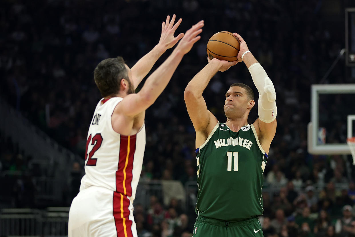 Brook Lopez became a valuable center who shoots three-pointers and improved at shot blocking. (Photo by Stacy Revere/Getty Images)