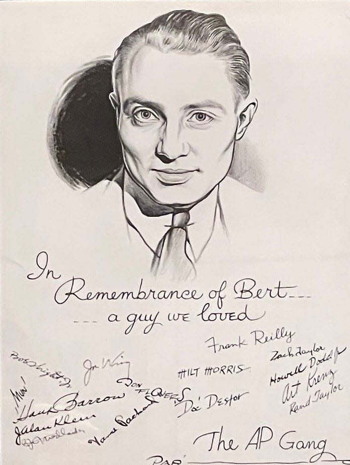 A sketch of Bert Christman signed by his former colleagues at the Associated Press, where Christman worked as a cartoonist on the "Scorchy Smith" comic strip in the mid- to late 1930s.