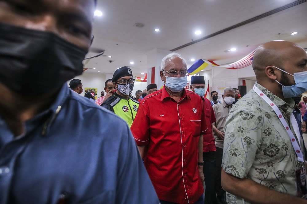 Datuk Seri Najib Razak at the 2021 Umno annual general assembly in Kuala Lumpur March 27, 2021. ― Picture by Hari Anggara