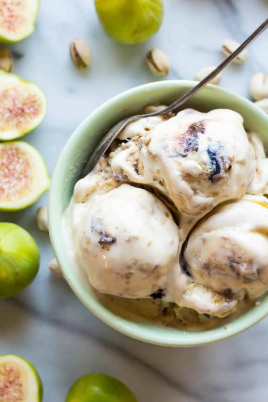 <p>Creamy ricotta gelato with sweet, syrupy roasted figs and smooth, nutty pistachio butter swirled throughout.</p><p><strong>Get the Ninja Creami recipe: <a href="https://coleycooks.com/ricotta-gelato/" rel="nofollow noopener" target="_blank" data-ylk="slk:Ricotta Gelato;elm:context_link;itc:0;sec:content-canvas" class="link ">Ricotta Gelato</a></strong></p>
