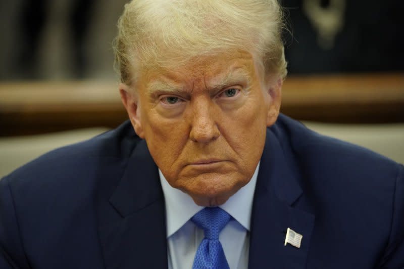 Former President Donald Trump waits in the courtroom to testify in the civil fraud trial on November 6. Photo by Eduardo Munoz/UPI