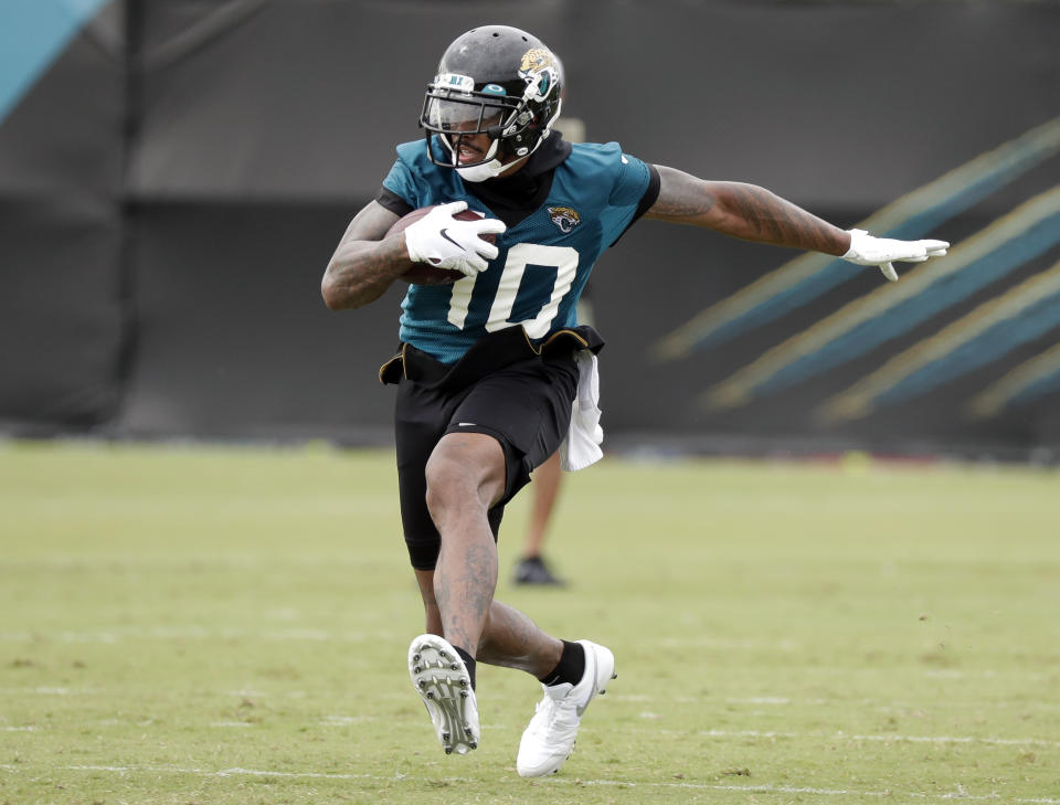 FILE - In this July 26, 2019, file photo, Jacksonville Jaguars wide receiver Terrelle Pryor Jr. (10) runs after a reception during NFL football practice at the team's training facility in Jacksonville, Fla. Allegheny County, Pa., District Attorney spokesman Mike Manko confirmed Saturday, Nov. 30, 2019, that Pryor, a free agent, was the victim of a stabbing, but said he had no other information, such as Pryor’s condition or where and when the stabbing occurred. (AP Photo/John Raoux, File)