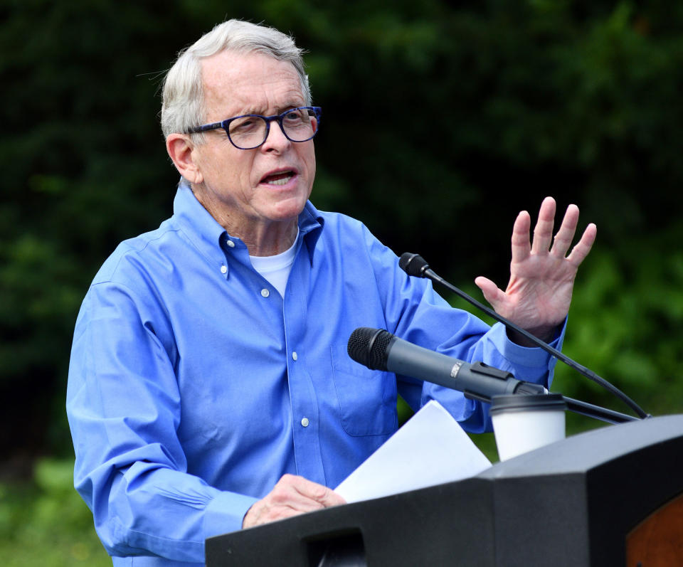 Ohio Gov. Mike DeWine learned that Intel had selected New Albany as the location for its manufacturing mega-site on Christmas Day.<span class="copyright">Warren Dillaway—The Star-Beacon/AP</span>