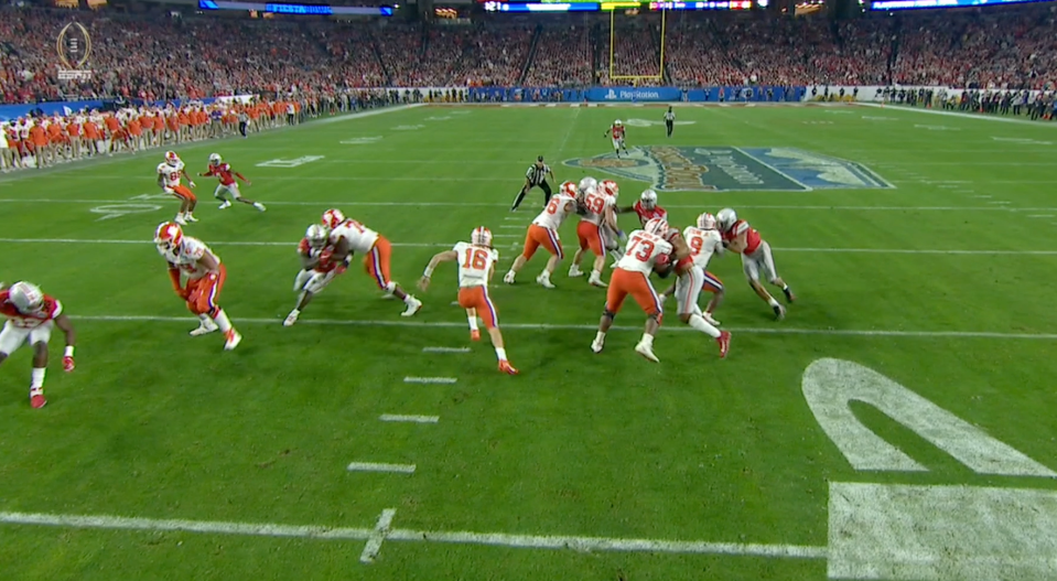 A big block from Clemson left guard John Simpson (No. 74) opened a huge hole for Trevor Lawrence (via ESPN).