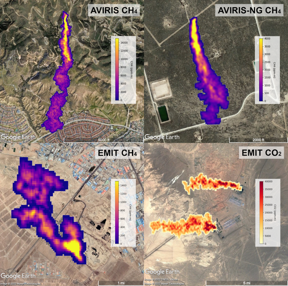 Methane plumes captured by NASA-designed airborne instruments (AVIRIS) and the EMIT instrument attached to the International Space Station. Clockwise from the top left: plumes from the Aliso Canyon storage blowout near Los Angeles in 2015, an oil and gas source in the Permian Basin, a power plant, and a landfill in Iran. <a href="https://methane.jpl.nasa.gov/" rel="nofollow noopener" target="_blank" data-ylk="slk:NASA;elm:context_link;itc:0;sec:content-canvas" class="link ">NASA</a>