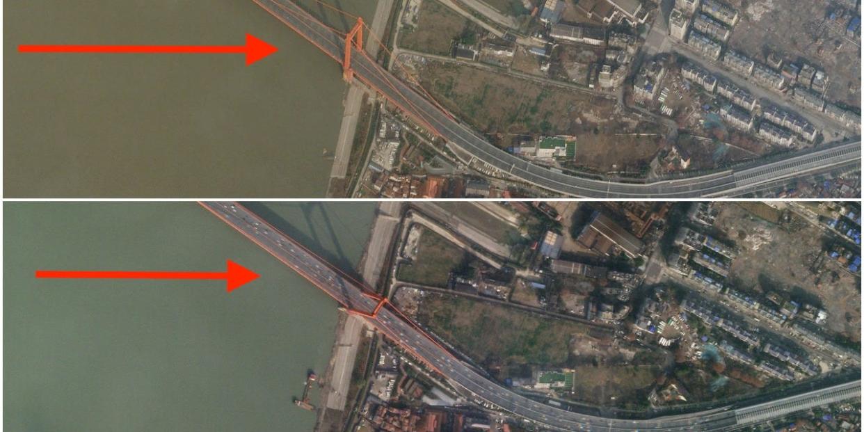 Two satellite images show traffic on the Yingwuzhou Yangtze River Bridge in Wuhan, China, January 12, and on January 28.