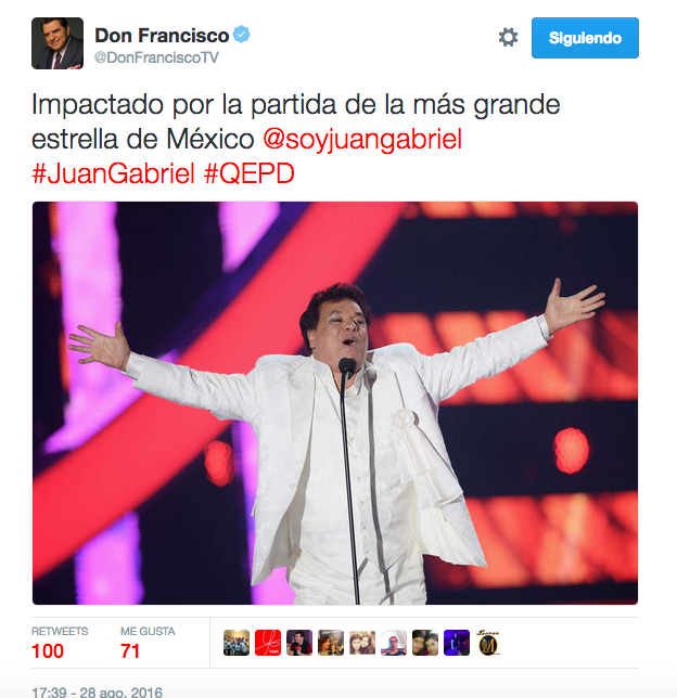 Don Francisco escribió lo siguiente: “Impactado por la partida de la más grande estrella de México”.