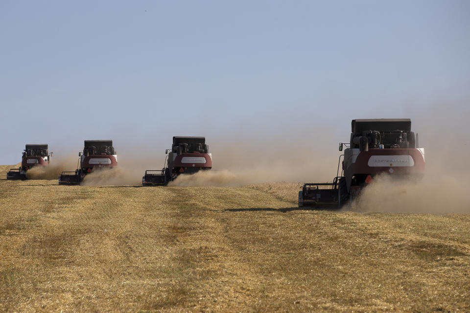 ROSTOV-ON-DON REGION, RUSSIA  JULY 13, 2021: Harvesting wheat in a field of the Shaumyan collective farm in the village of Chaltyr. Erik Romanenko/TASS (Photo by Erik Romanenko\TASS via Getty Images)