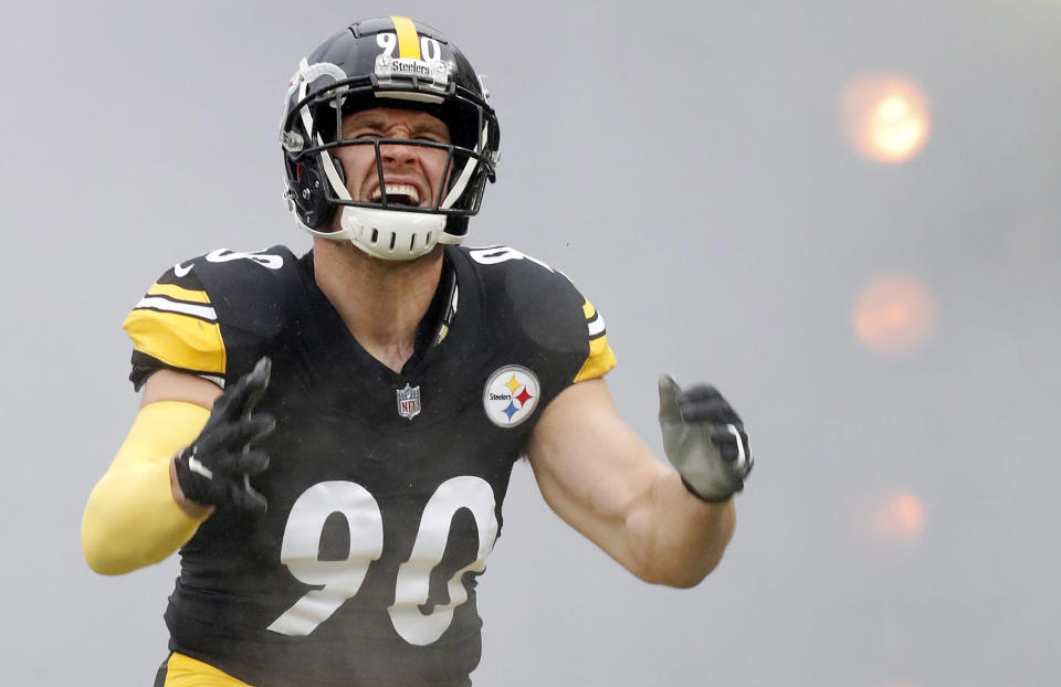 Oct 29, 2023; Pittsburgh, Pennsylvania, USA; Pittsburgh Steelers linebacker T.J. Watt (90) reacts during player introductions against the Jacksonville Jaguars at Acrisure Stadium. Mandatory Credit: Charles LeClaire-USA TODAY Sports