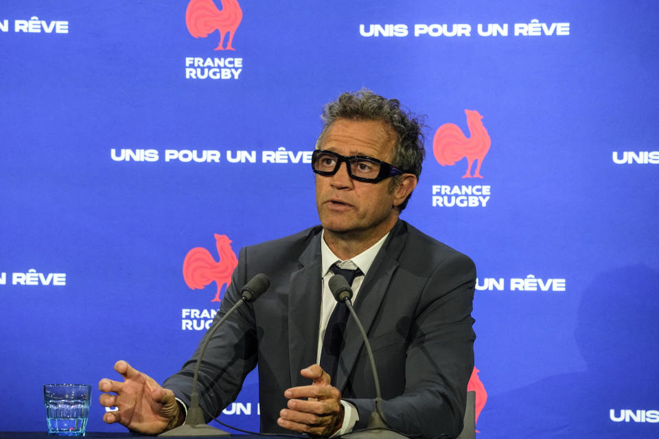 French head coach Fabien Galthie gestures as he speaks during a media conference to announce his squad for the 2023 Rugby World Cup in Paris, Monday, Aug. 21, 2023. France end this 2023 World Cup preparations by welcoming Australia to Paris on Sunday Aug. 27. (AP Photo/Michel Euler)