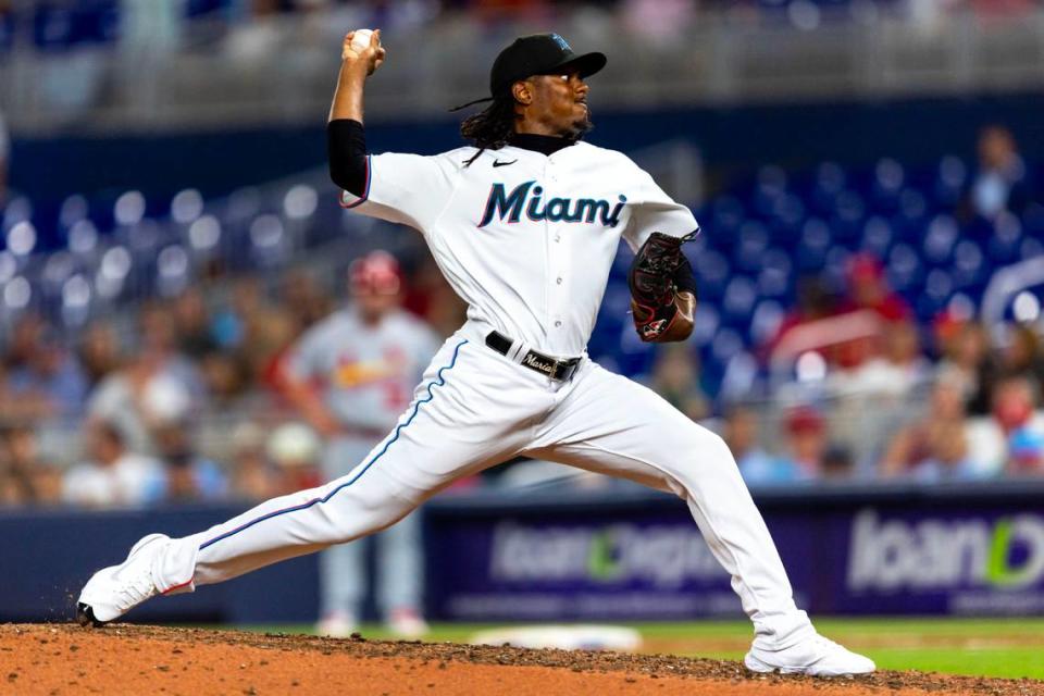 Miami Marlins pitcher George Soriano (62) throws a pitch during the eighth inning of an MLB game against the St. Louis Cardinals at loanDepot park in the Little Havana neighborhood of Miami, Florida, on Thursday, July 6, 2023.