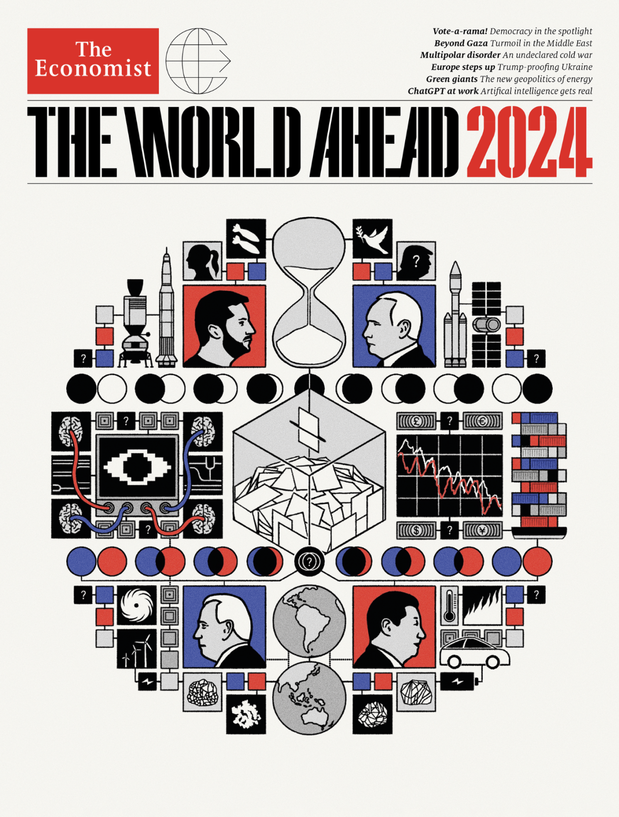 El semanario británico The Economist destacó seis siluetas de personalidades políticas en la portada de su edición especial The World Ahead 2024. Una de ellas es la Claudia Sheinbaum, la candidata a la presidencia de México por el partido Morena. (Imagen cortesía @TheEconomist)