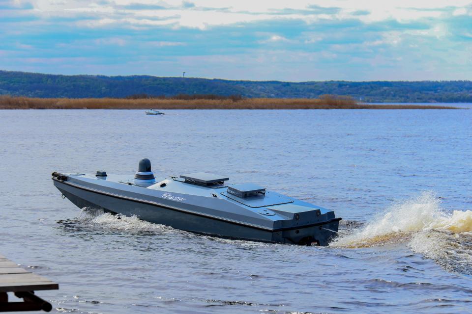 A Ukrainian multi-purpose naval drone called "Magura V5" during a demonstration in April.