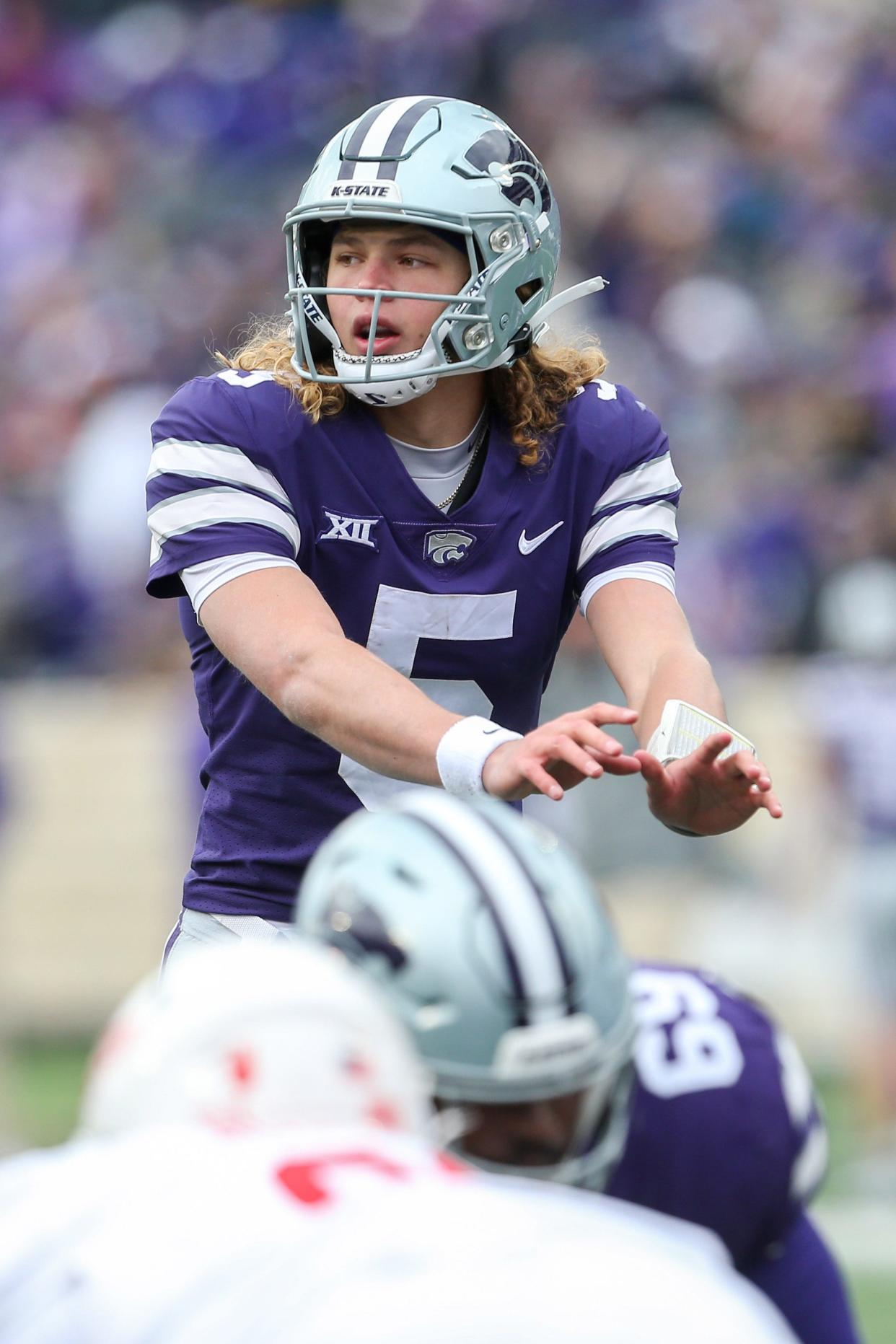 Kansas State true freshman Avery Johnson (5) is expected to start at quarterback for Kansas State in the Wildcats' bowl game after senior Will Howard entered the transfer portal.