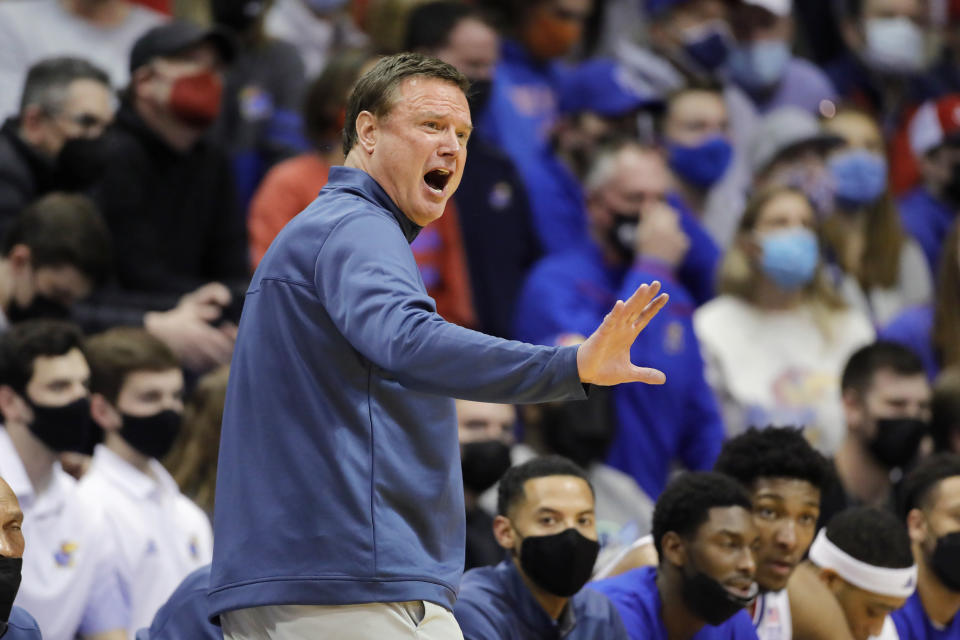 Kansas head coach Bill Self yells out to his players during the second half of an NCAA college basketball game against Texas Tech on Monday, Jan. 24, 2022, in Lawrence, Kan. (AP Photo/Colin E. Braley)