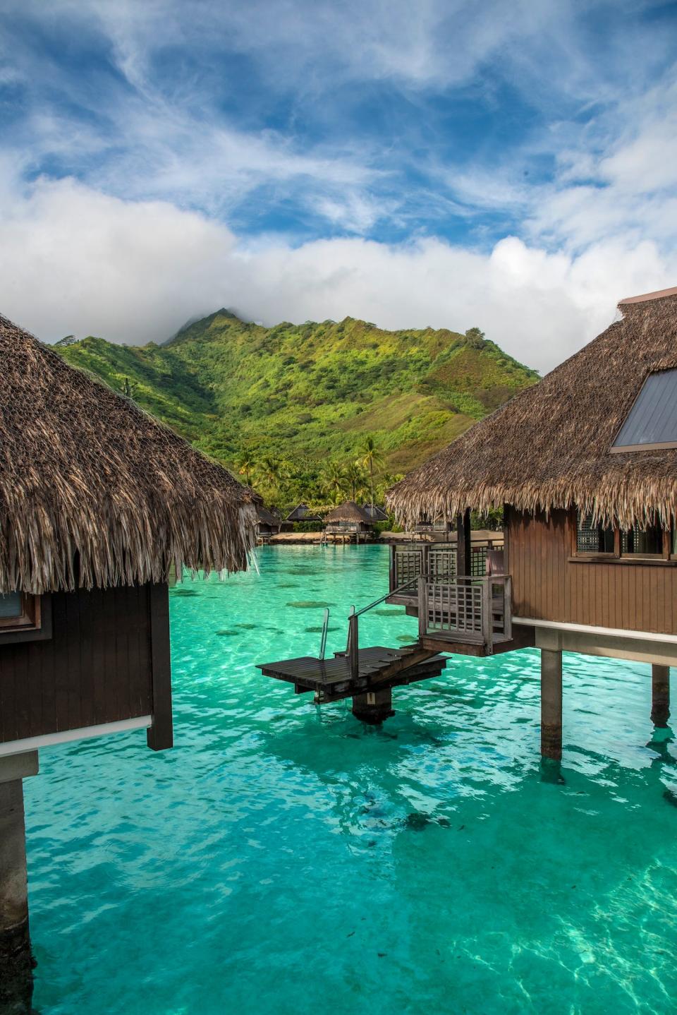 Overwater bungalows on Moorea Island.