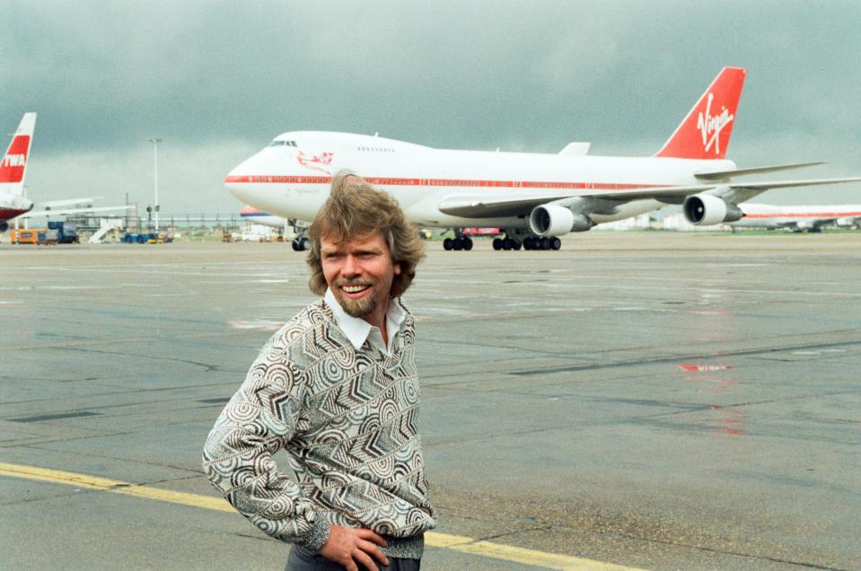Richard Branson is seen here on the apron at Heathrow to welcome the first Virgin Atlantic Airways flight to arrive at Heathrow on 1st July 1991.