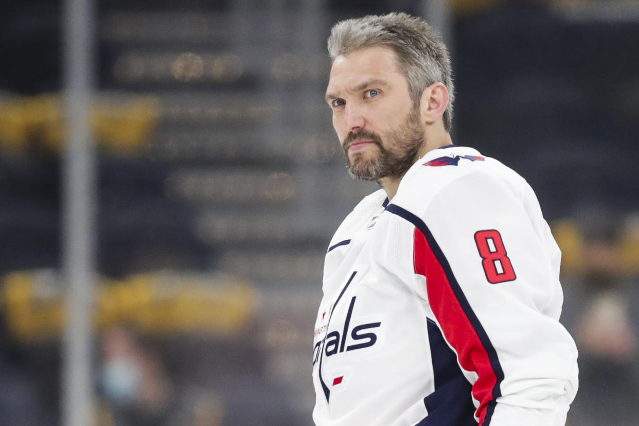 BOSTON, MA - MAY 21: Alex Ovechkin #8 of the Washington Capitals looks on before Game Four of the First Round of the 2021 Stanley Cup Playoffs against the Boston Bruins at TD Garden on May 21, 2021 in Boston, Massachusetts. (Photo by Adam Glanzman/Getty Images)
