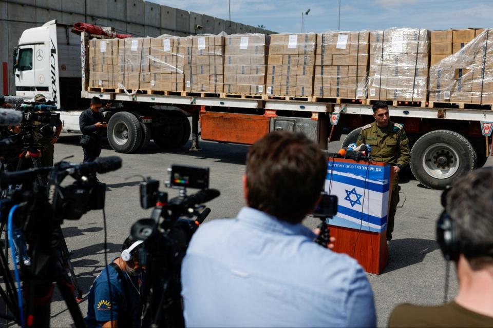 Head of Israel’s COGAT, Colonel Elad Goren, speaks from the Kerem Shalom crossing into Gaza (Reuters)