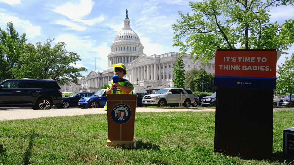 Antonio, of Arizona, stands at a child-size podium in front of the U.S. Capitol for "Strolling Thunder," a child and family issues advocacy event on April 30, 2024, 