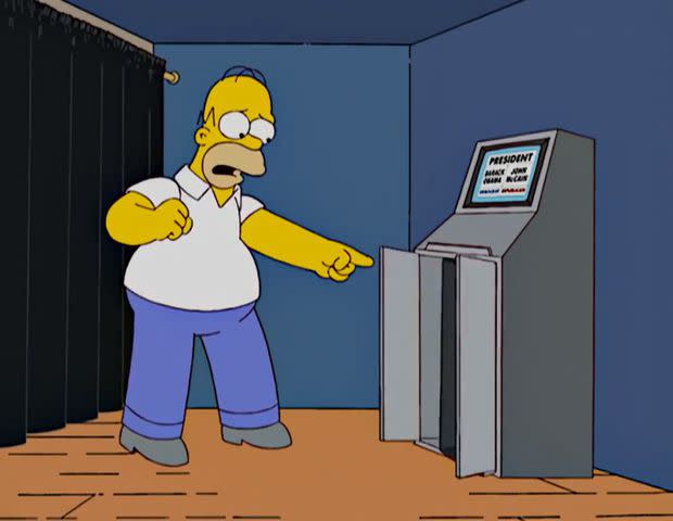 FOX Homer using an electronic voting machine in 'Treehouse of Horror XIX'