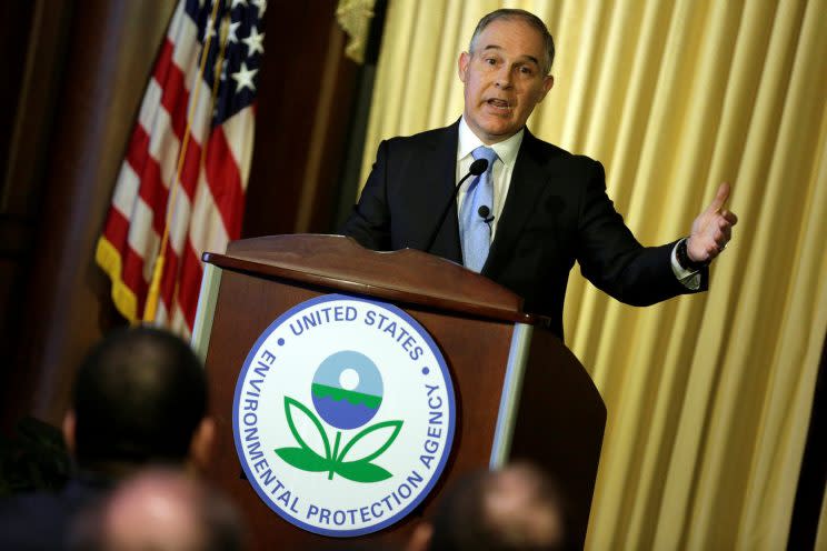 Scott Pruitt, administrator of the Environmental Protection Agency, speaks on Tuesday to employees of the agency in Washington. (Photo: Joshua Roberts/Reuters)