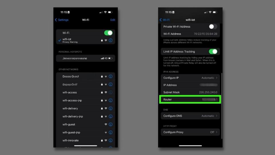 Screenshot showing how to find IP address and Gateway details on an iPhone