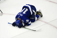 Tampa Bay Lightning left wing Ondrej Palat reacts after the Colorado Avalanche defeated the Lightning 2-1 in Game 6 of the NHL hockey Stanley Cup Finals on Sunday, June 26, 2022, in Tampa, Fla. (AP Photo/John Bazemore)
