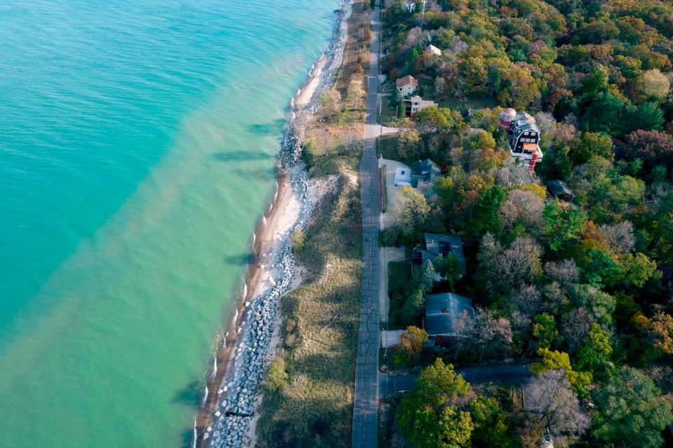 PHOTO: This aerial photo shows rocks built up along the shore of Lake Michigan in Beverly Shores, Indiana, on November 3, 2023. (Diane Desobeau/AFP via Getty Images)