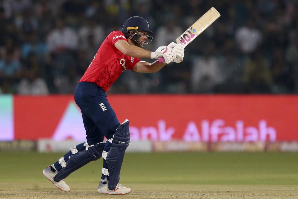 England's Dawid Malan bats during the seventh twenty20 cricket match between Pakistan and England, in Lahore, Pakistan, Sunday, Oct. 2, 2022. (AP Photo/K.M. Chaudary)