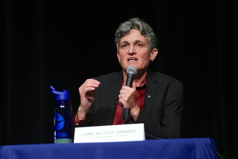 Democrat Jamie McLeod-Skinner speaks at a debate with Republican Lori Chavez DeRemer for Oregon's 5th Congressional District at Lakeridge High School in Lake Oswego, Ore., Monday, October 17, 2022. (AP Photo/Steve Dipaola)