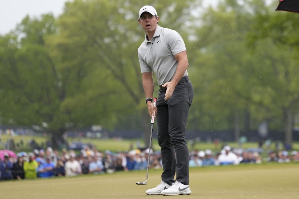 Rory McIlroy, of Northern Ireland, reacts after missing a putt on the fourth hole during the second round of the PGA Championship golf tournament at Oak Hill Country Club on Friday, May 19, 2023, in Pittsford, N.Y. (AP Photo/Seth Wenig)