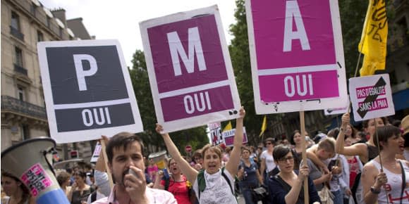 Des manifestants favorables à la PMA lors de la Marche des fiertés à Paris en 2013. - -