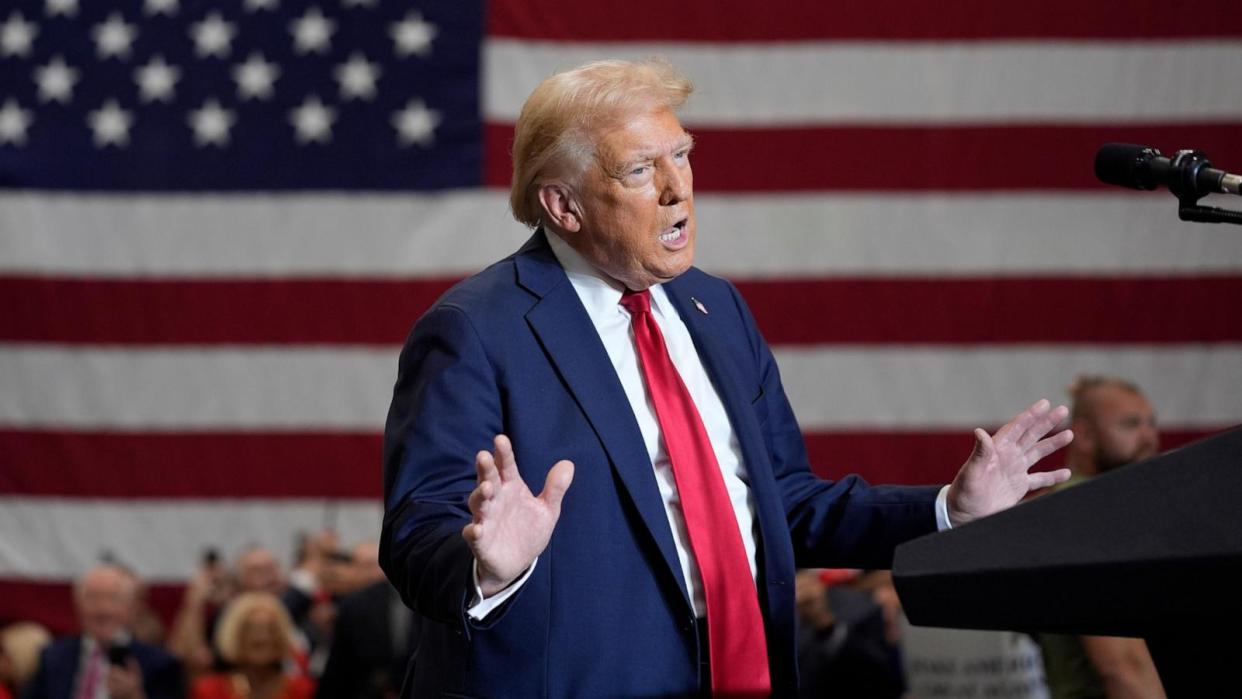 PHOTO: Republican presidential nominee former President Donald Trump speaks during a campaign event, Sept. 25, 2024, in Mint Hill, N.C.  (Evan Vucci/AP)