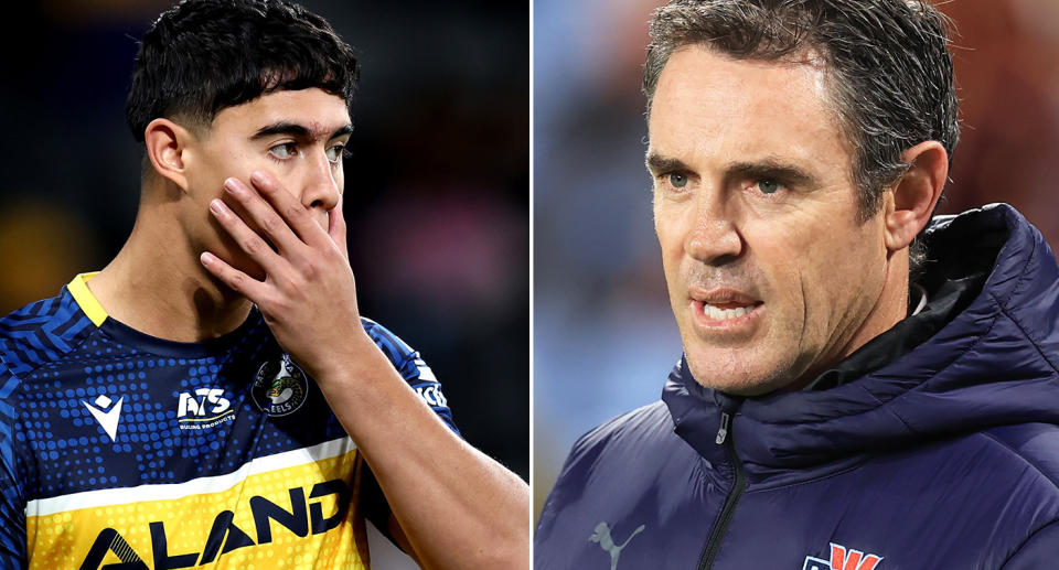 On the right is Brad Fittler and Parramatta Eels player Blaize Talagi on left.