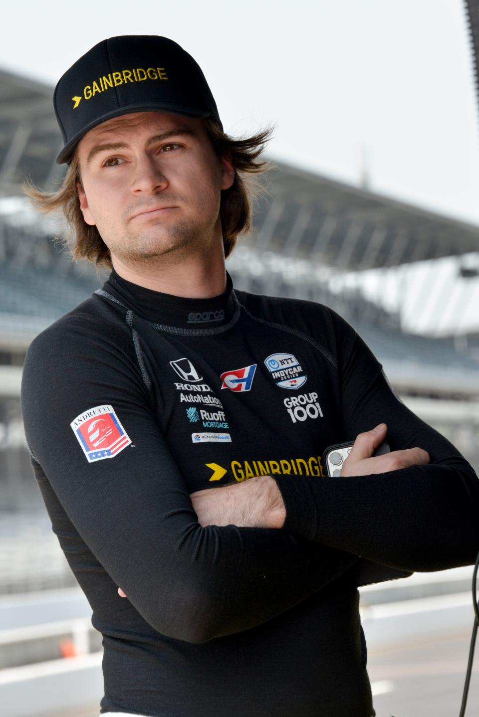 Andretti Autosport with Curb-Agajanian driver Colton Herta (26) stands at his pit box Thursday, May 18, 2023, during the third day of practice for the 107th running of the Indianapolis 500 at Indianapolis Motor Speedway. 