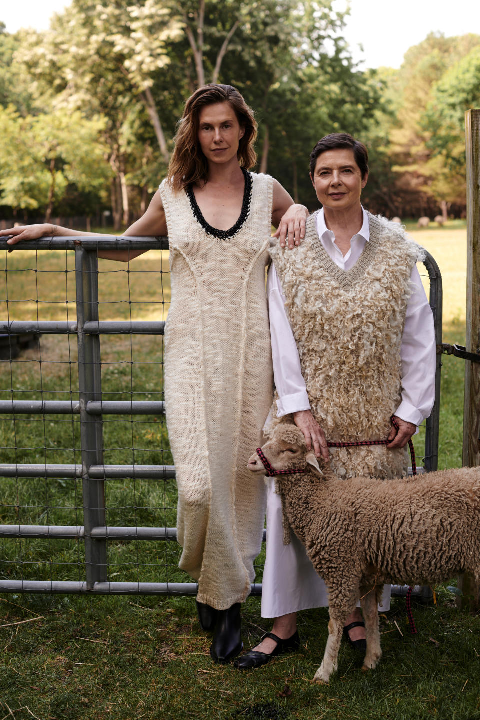 Elettra Wiedemann and Isabella Rossellini wearing styles from the Made for Moda: Aisling Camps at Mama Farm capsule.