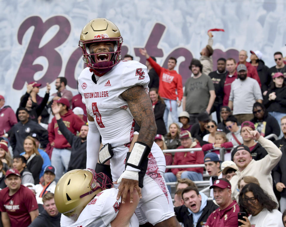 Boston College quarterback Thomas Castellanos (1) celebrates his touchdown during the second half of an NCAA college football game Saturday, Sept. 16, 2023 in Boston. (AP Photo/Mark Stockwell)